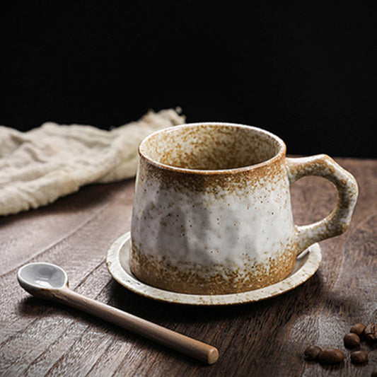 Vintage Ceramic Coffee Cup and Saucer Set Chunky Pottery Mug Art Cup