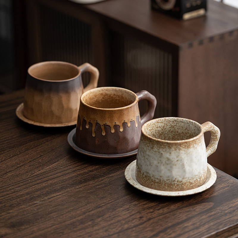 Vintage Ceramic Coffee Cup and Saucer Set Chunky Pottery Mug Art Cup