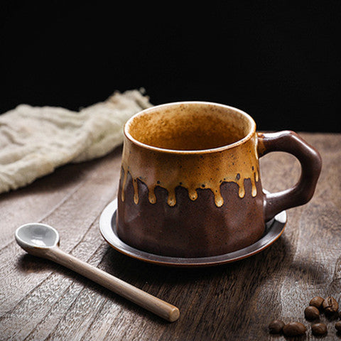 Vintage Ceramic Coffee Cup and Saucer Set Chunky Pottery Mug Art Cup